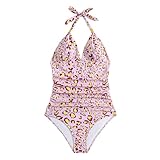 Damen Retro Badeanzug Bauchweg, String Badeanzüge Vintage Retro 50s - Sexy Neckholder Bademode V Ausschnitt Shape Einteiliger Schwarz Monokini Push Up Swimsuits Sommer