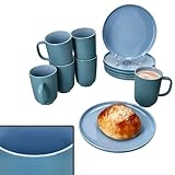Ritzenhoff & Breker Jasper 12tlg Frühstücksset Ozeanblau I Je 6x kleine Teller & Kaffeebecher 250ml, Höhe 10,4cm für 6 Personen I Tasse, Kuchenteller I Steingut-Geschirr für Frühstücks- & Kaffeezeit