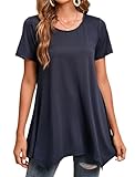 Enmain Tunika Damen Sommer Marineblau Kurzarm Rundhals Lose Tunika Swing Elegant Longshirt Lässig Tshirt Damen, Marineblau, XL