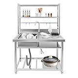 Freistehender Spülbecken mit Lagerregale und Wasserhahn 100×50×160cm Füße Einstellbar Freistehende Spülenschrank Gewerbliche Spültisch für Außen, Innen, Restaurant