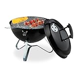 Relaxdays Kugelgrill, tragbar, Ø 37 cm, Picknickgrill für Garten & Park, Holzkohlegrill mit Deckel, Rundgrill, schwarz
