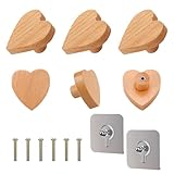 quiodok 6 Stück Möbelknöpfe Holz Herz Schrankknauf Holzgriffe für Schränke Schrankknöpfe Holz mit Schrauben für Dekoration, Möbelknopf für Schubladen, Schrank, Kommode