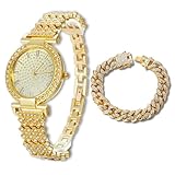 Halukakah Diamanten-Gold-Uhr Iced Out für Jungen - 18K Echtgold Platiniert,31mm Rund Zifferblatt,Japanisches Quarzwerk - 20.5cm Länge,mit 18cm Cuban-Kette & Anpassungswerkzeug - für Geburtstage,Partys