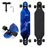 TLHB Longboard Skateboard, 41 Zoll Drop Through Longboard Komplett 9-lagig Nature Maple Premium Cruiser Longboard für Erwachsene, Jugendliche und Kinder - High-Speed-Kugellager & T-Tool-Night Sky