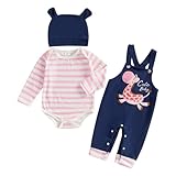 Beauace 3tlg Baby Mädchen Kleidung Langarm Gestreiftes Strampler + Latzhose mit Giraffenmuster + Babyhut Outfit Niedliche Bekleidungsset (Rosa, 0-3 Monate)