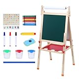 Tafel Kinder, Kindertafel, Staffelei Kinder, 3-in-1-Kunststaffelei aus Holz, doppelseitig, mit magnetischem Whiteboard, Kreidetafel, Papierrolle, Verstellbarem Zeichenbrett mit Malzubehör, für Kinder