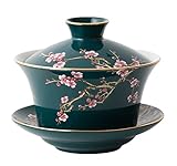 Eplze YBK Tech Große Gaiwan-Teetasse und Untertasse aus Porzellan, Kung-Fu-Teetasse und Untertasse mit Deckel, traditionelles chinesisches Gaiwan, Sancai-Teeschale, geprägtes Pflaumenmuster, Grün