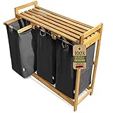 AMBIAVO® Wäschekorb 3 Fächer [schwarz, 100% Baumwolle, Bambus, 90 l Volumen] | Wäschesammler für Schmutzwäsche | Wäschekorbsammler | Wäsche Sortiersystem | Wäschesortierer Holz | Wäschebox