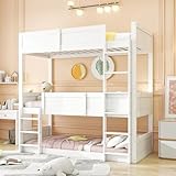 Lcoho Dreibettzimmerbett (90x200 cm), Massivholzlatten, Hochbett, hohes Zaundesign, Kinderbett, Holzbett, weiß