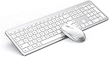 Tastatur Maus Set Kabellos, seenda SK38-3 Ultra-Dünne Wiederaufladbare Funktastatur, Ergonomische Keyboard Mouse mit Silikon Staubschutz für PC/Laptop/Smart TV, QWERTZ Layout Weiß und Silber