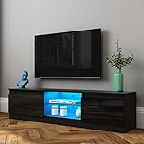 TV Schrank mit 2 Türen 2 Regale, TV-Ständer Hochglanz Front, 160cm TV Lowboard mit LED Beleuchtung, Fernsehschrank für Wohnzimmer, Esszimmer, Schlafzimmer, Schwarz