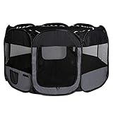 lionto Welpenauslauf faltbar aus Oxfordgewebe & atmungsaktivem Netzstoff, Ø 110cm, Höhe 64 cm, Laufstall für innen & außen mit 2 Eingängen, Pop-up-System, inkl. Tragetasche & Heringe, schwarz/grau