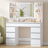 Hzuaneri Große Schminktisch mit LED-Beleuchtung, 3 Farben, Helligkeitsregulierung, Schminktisch mit Spiegel, 9 Schubladen, 9 offenen Ablagen, Moderner Stil, Weiß-Silber DT41903W