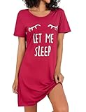 Uniexcosm Nachthemd Damen Kurzarm Süß Schlafshirt Wimperndruck Nachtwäsche mit Rundhals Sommer Soft Sleepshirt Weinrot 3XL