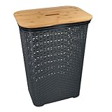HRB Wäschekorb mit Bambusdeckel Rattan 65 Liter, Wäscheaufbewahrung aus Kunststoff, Wäsche Sortierer (Anthrazit-Bambus)