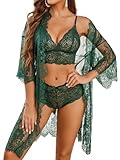 Avidlove Damen Sexy Dessous Set Spitze 3-Teilig Negilgee Unterwäsche Netz-Nachthemd Dünn Kimono Mesh Lingerie Sets Mit BH und Höschen，GrünM