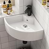 Klein Waschbecken Ecke Dünner Rand, Kleine Hängewaschbecken Gäste WC, Keramik Waschtisch Wandmontage mit hahnloch, Wandhängendes Aufsatzwaschbecken Badezimmer 32 x 32 cm