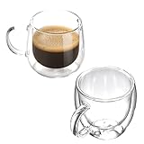 2 Stück transparente Borosilikat-Tassen | 284 ml doppelwandige Glas-Kaffeetassen mit Griff, hitzebeständige, isolierte Kaffeetasse, perfekt für Espresso, Latte, Cappuccino