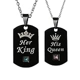 Cupimatch Paare Halskette mit Gravur His Queen Her King für Sie und Ihn Pärchen Kette Verliebte Edelstahl Zirkonia Anhänger 45cm 55cm, Schwarz/Silber