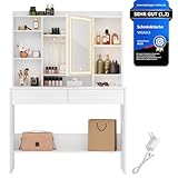 VASAGLE Schminktisch mit LED-Beleuchtung, 3 Farben mit Einstellbarer Helligkeit, Frisiertisch mit Spiegel, Kosmetiktisch mit verstellbaren Ablagen, 2 Schubladen, modern, weiß RDT123T14