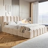 MOTIVENA Nunu Bubble Bett 180x200, Polsterbett 180x200 mit Bettkasten, Polsterbett 180x200 mit Stauraum, Polsterbett 180x200 Samt, mit Lattenrost, mit Kopfteil, ohne Matratze, Beige Creme