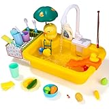 Spielspüle Spielzeug mit elektrischen Wasserhahn,kinderküche zubehör,Spielzeugzubehör für die Spielküche,schwimmendes Angelspielzeug für das Wasserspiel,Rollenspiel für Kinder