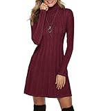 Gyabnw Damen Strickkleid Rollkragen Winterkleid Elegante A-Linie Knielanges Kleid Pulloverkleid Zopfmuster Minikleid Strickpullover für Party Cocktail Freizeit, Weinrot-Rollkragen, S