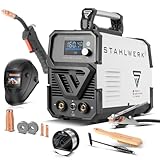 STAHLWERK Schweißgerät Mini FLUX 160 ST Digital – Vollausstattung – Fülldrahtschweißen ohne Schutzgas bis 160 A, kompakt, synergischer Drahtvorschub, mit LED-Licht, Lift-TIG- und MMA/ARC-Funktion