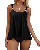 DOULAFASS Tankini Damen Bauchweg Ruffle High Waisted Bikini Zweiteiler Push Up Bademode Rundausschnitt Badeanzüge
