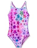 TENVDA Einteiliger Badeanzug für Mädchen, Sport, Neckholder, Bademode, Strand-Badeanzug, Regenbogen/Sterne, 6-7 Jahre