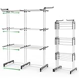 VOUNOT® Wäscheständer Turm Ausziehbar, Platzsparender Turmwäscheständer für Innen & Außen, mit Faltbaren Flügeln, Teleskopstange und 6 Rollen, 40m Trockenlänge, 3 Ebenen, Weiß