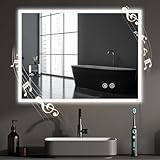 YOLEO Badspiegel mit Beleuchtung, LED Spiegel mit Bluetooth-Lautsprecher, Wandspiegel mit Steckdose, Badzimmerspiegel LED Beschlagfrei mit Touchschalter, 3 einstellbare Lichtfarbe, 80x60cm