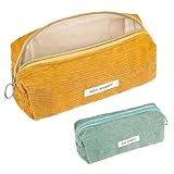 HOPNKN Federmäppchen, 2 Stück Mäppchen Cord-Stoff, Schlamppermäppchen Damen, Teenager Stiftetasche Federtasche Pencil Case Cord Federtasche für Mädchen Teenager Schule, Büro(Grün, Gelb)