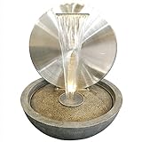 KÖHKO® Wasserwand Ø 55 cm mit Einer Halbschale in Natursteinoptik mit LED- Beleuchtung „Bocca“ 22011 aus matt gebürsteten Edelstahl mit Becken aus Polyresin