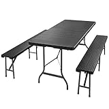 CASARIA® Bierzeltgarnitur 180 cm Klappbar Schwarz Polyrattan Kunststoff 2X Bierbank 1x Breiter Tisch Biertischgarnitur Festzeltgarnitur Campingtisch