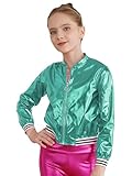 Fldy Kinder Mädchen Metallic Baseball Jacke Langarm Glänzend College Jacke Mit Reißverschluss Kinder Disco Party Top Hip Hop Kleidung Streetdance Outfit Cyan 158-164