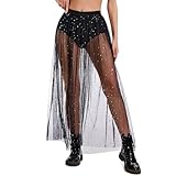 JasGood Damen 2 in 1 Transparent Mesh Rock,Schwarz Pailletten Tüllrock Mit Shorts Glitzer High Waist Maxirock für Streetwear Clubwear und Musikfestivals