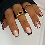 Hebterrka 24 Stück FranzöSische Spitze, Kurze & Quadratische KüNstliche NäGel, Schwarze AcrylnäGel mit WeißEm Herz Design, füR VollstäNdige Abdeckung