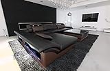 Ecksofa Monza L Form Ledersofa Sofa - mit LED Beleuchtung, verstellbare Kopfstützen, Recamiere/Lederfarben wählbar/Ausrichtung wählbar (Ottomane Links, Schwarz-Dunkelbraun)
