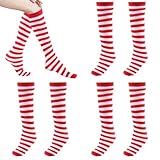 CHCAES 3 Stück Kniestrümpfe Rot Weiß Gestreifte Socken Plüsch Rote Ringelsocken Karneval für Erwachsene