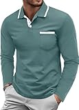 QIXING Herren Langarm Golf Poloshirt - Klassisches Baumwoll-Shirt Mit Brusttasche, Casual T-Shirt Pullover (Grau-Grün, L)