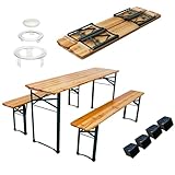 CHEFGASTRO Bierzeltgarnitur klappbar 170 cm breit 3-teilig 1x Tisch mit Schirmhalterung 2X Bierbank, lackiertes Holz inkl. 12x Bodenschoner aus Kunststoff Festzeltgarnitur Gartenmöbel-Set