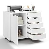 KOMFOTTEU Aktenschrank mit Rollen, Rollcontainer mit 5 Schubladen, Schubladenschrank Bürocontainer Druckertisch Holz, Bürowagen Bürocontainer weiß, 79x39x65 cm (Weiß)