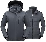 PTSOC Damen 3 in 1 Wasserdicht Skijacke Winter Schneejacken Warm Regenmantel, dunkelgrau, Small