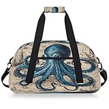 Entemne Kinder-Reisetasche, blauer Oktopus, Vintage-Stil, Schiff, wasserabweisend, für Fitnessstudio, Sporttasche, leichte Reisetasche für Jungen und Mädchen, Handgepäck, Wochenendtasche