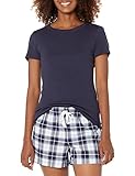 Amazon Essentials Damen Nachtwäscheset mit Shorts und T-Shirt aus Popeline, Marineblau Karomuster, M
