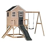 Wendi Toys M24G Stelzenhaus Kinder Outdoor mit Rutsche und Schaukel, 330 x 350 x 242 cm, Grau, FSC Holz, Spielhaus Kinder Outdoor Mit Schaukel & Kunststoff Rutsche für Garten, Spielplatz für Garten