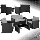 tectake® Lounge Gartenmöbel Set Poly Rattan für den Garten, Möbel für den Balkon, 12-teilige Garten Lounge (wetterfest), Essgruppe mit Outdoor Sofa, Sessel und Tisch für 4 Personen (Schwarz/Grau)