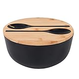 GEHE Salatschüssel aus Servierbesteck – große Rührschüsseln aus massivem Bambus, Salatschüssel mit Bambusdeckel, Löffel für Obst, Salate und Dekoration (25,4 cm, schwarz)