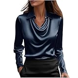KODMNSW Satin Bluse Damen Blusen Elegante Oberteile Langarm Shirts Festliche Blusen Elegant Seidig Shirt Hemdbluse Arbeitshemd Seiden Business Blusenshirt Lässiges Langarmshirt Dunkelblau XL